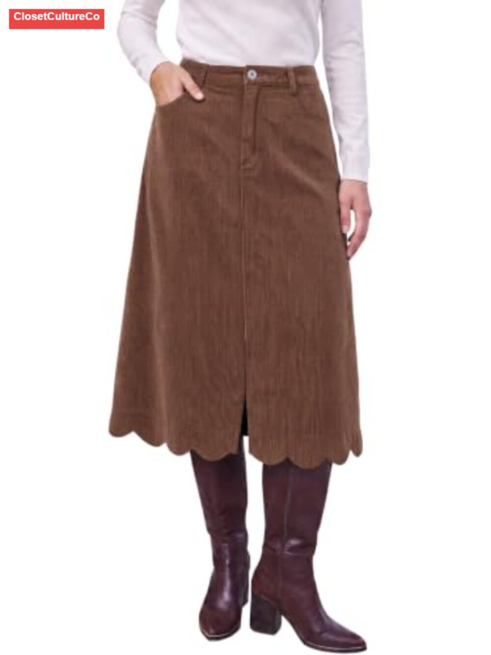 Corduroy A-Line Midi Skirt High Waist Scalloped Hem Casual